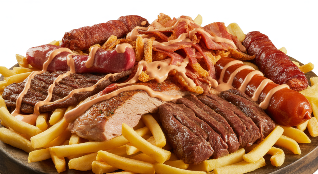 A generous, overflowing platter of authentic Colombian "salchipapas costeñas" with a variety of meats and sauces.