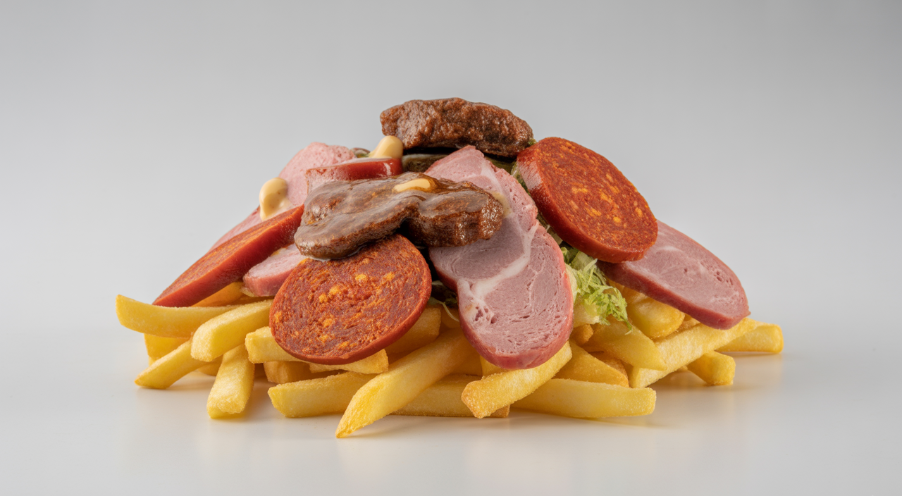 Imagen de las auténticas salchipapas costeñas de La Marimonda del Mono, un festín de papas y carnes variadas.