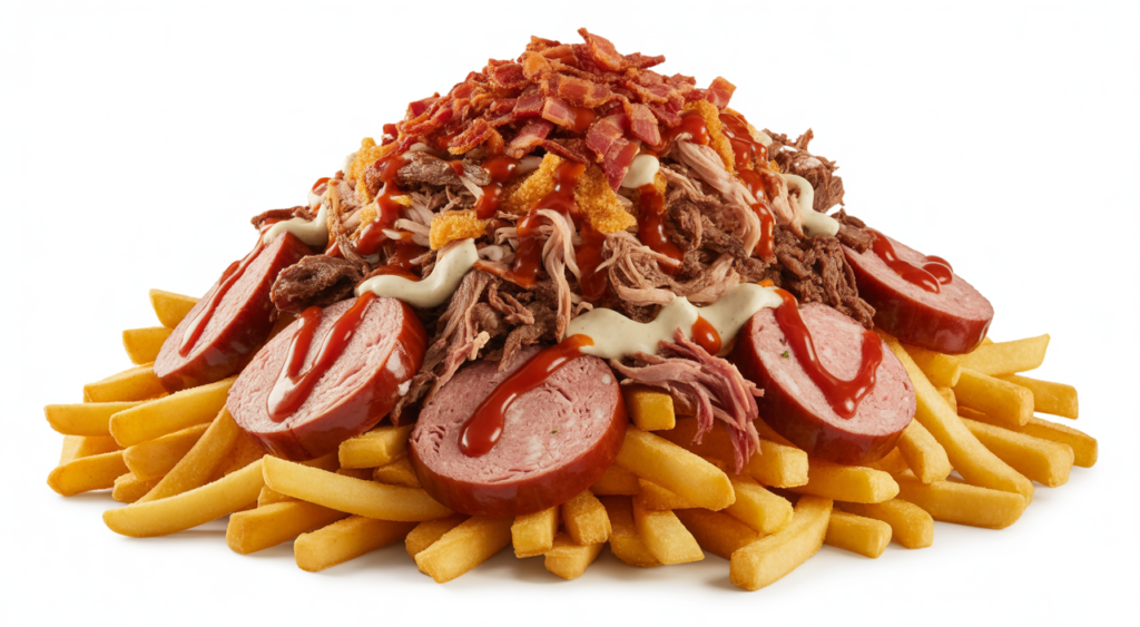 A large, professional photograph of a gourmet Colombian 'salchipapa costeña' dish with assorted meats, fries, and sauces on a clean white background.
