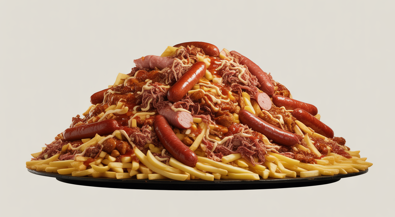 Salchipapa costeña gigante y abundante de La Marimonda del Mono en Chapinero, con carnes, papas y salsas.