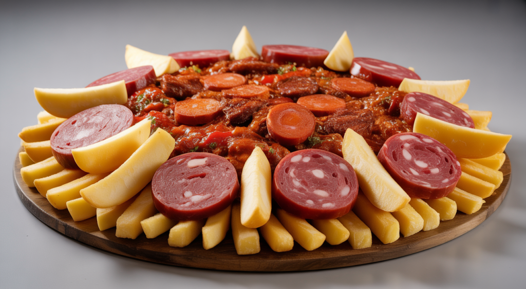 Large, appetizing Salchipapa Costeña dish with various meats and sauces on a clean background, representing authentic Colombian Caribbean fast food.