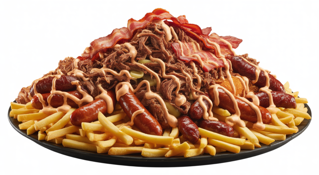 Large plate of Colombian salchipapas with fries, sausages, shredded meats, and sauces on a white background, hero shot
