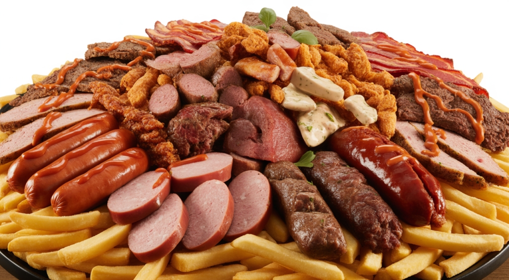 Large, gourmet salchipapa platter with various meats and fries, ready to eat