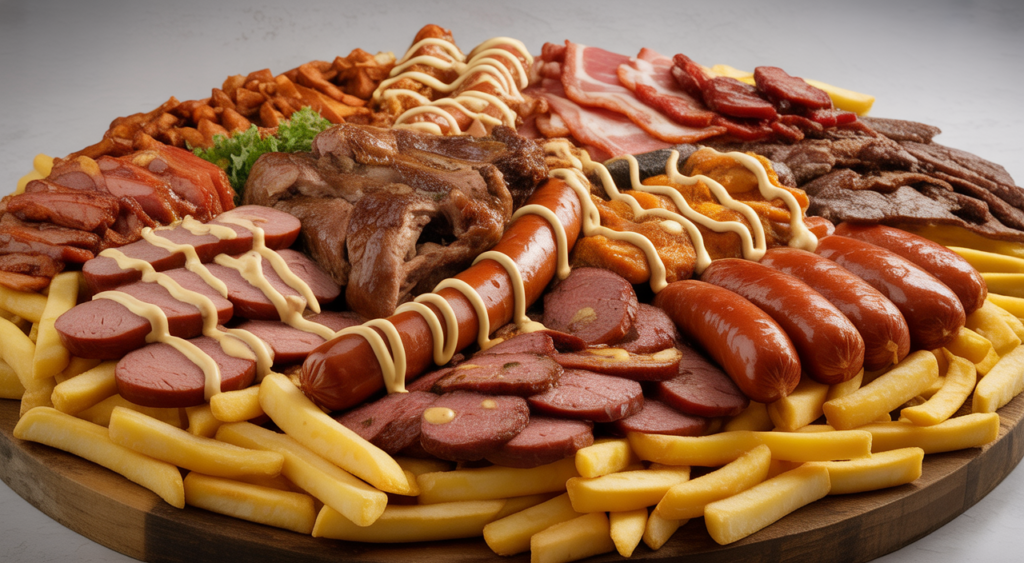 Large platter of traditional Colombian costeño salchipapas with various meats and sauces on a neutral background.