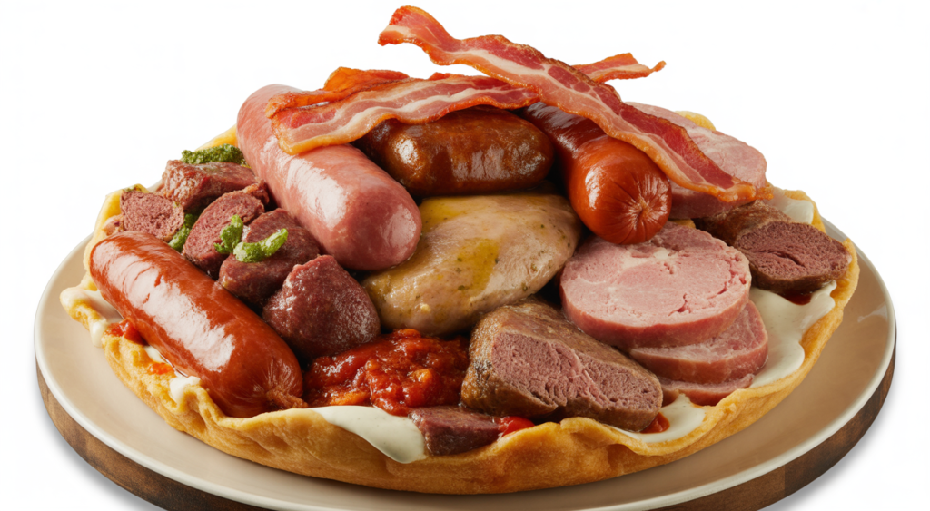 Authentic Colombian Salchipapa Costeña with assorted meats and sauces, presented on a clean white background.