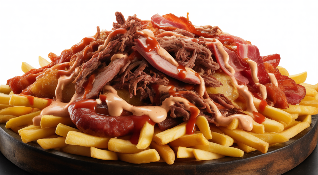 A vibrant, photorealistic image of a generously portioned Colombian coastal salchipapa, showcasing various meats, fries, and sauces on a clean white background.