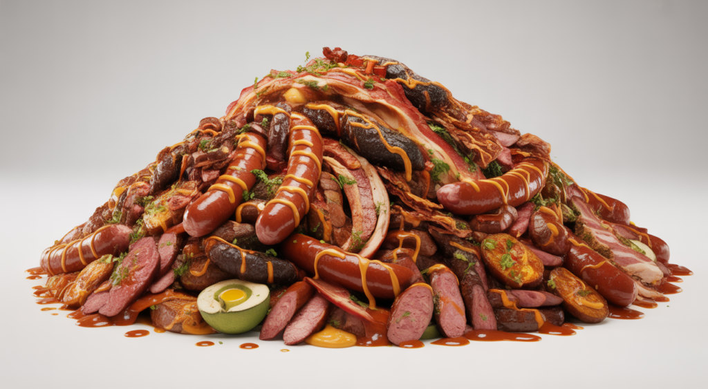 Giant salchipapa dish with various meats and sauces, presented on a white background.