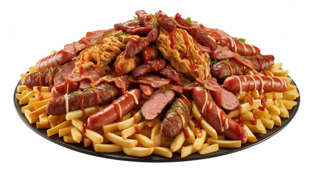 Giant Salchipapas Costeñas with fries, sausages, chicken, beef, and sauces on a white background, ready to be shared.