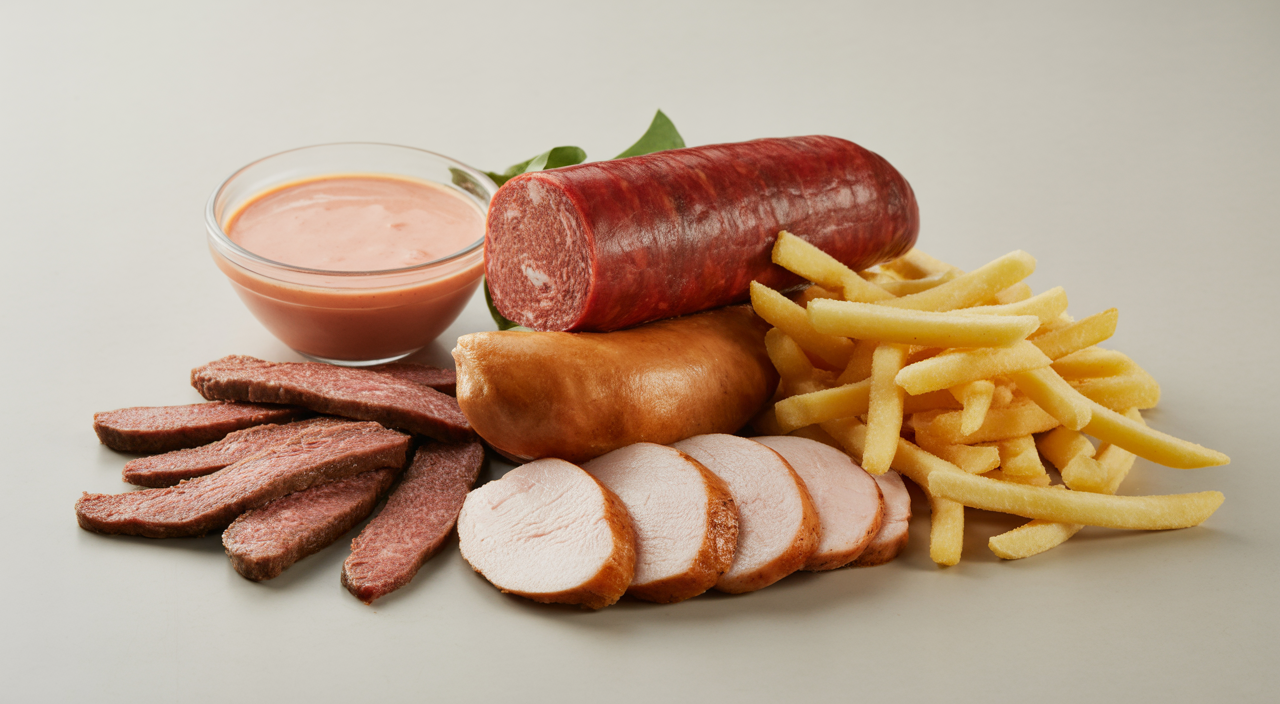 Salchipapa gigante de La Marimonda del Mono, destacando su tamaño y variedad de ingredientes costeños.