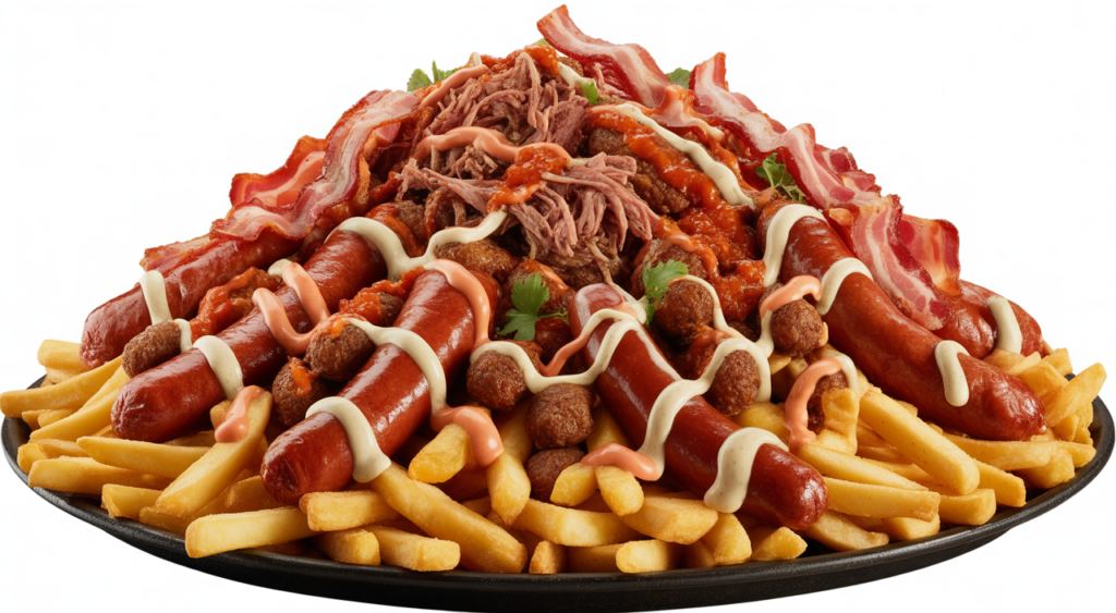 A close-up, top-down view of a massive, artfully arranged platter of "El Castillo" salchipapas, featuring various meats, crispy golden fries, and creamy sauces on a pristine white background.