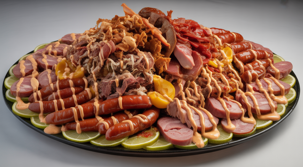 A visually appealing, wide-angle shot of a bountiful 'Salchipapa Costeña' with an assortment of meats and special sauces on a clean white background, ready to be enjoyed.