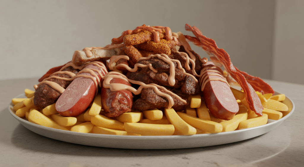 A close-up, professional photograph of a large, freshly prepared "salchipapa costeña" from La Marimonda del Mono, showcasing crispy fries, various meats, and sauces on a clean white background.
