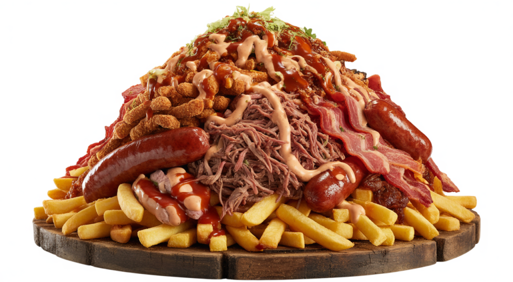 Massive, overflowing salchipapa platter with French fries, butifarra, sausages, beef, chicken, bacon, and sauces, representing the largest salchipapa in Bogotá from La Marimonda del Mono.