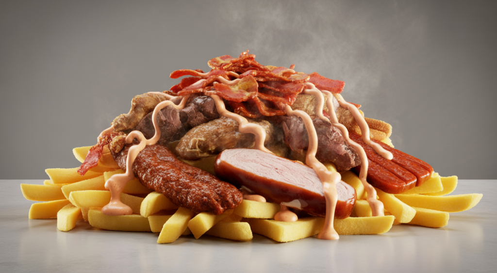 Authentic Colombian coastal salchipapa with various meats and sauces, served on a plate.