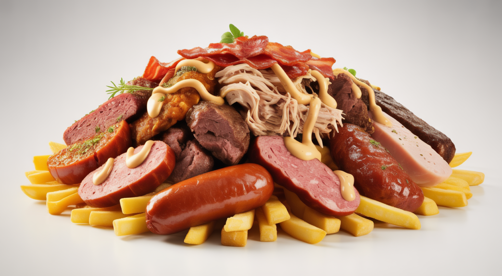 Professional overhead shot of a delicious and abundant Salchipapa Costeña with golden fries, a variety of meats like sausage, butifarra, chorizo, chicken, beef, bacon, and special sauces, on a clean white background.