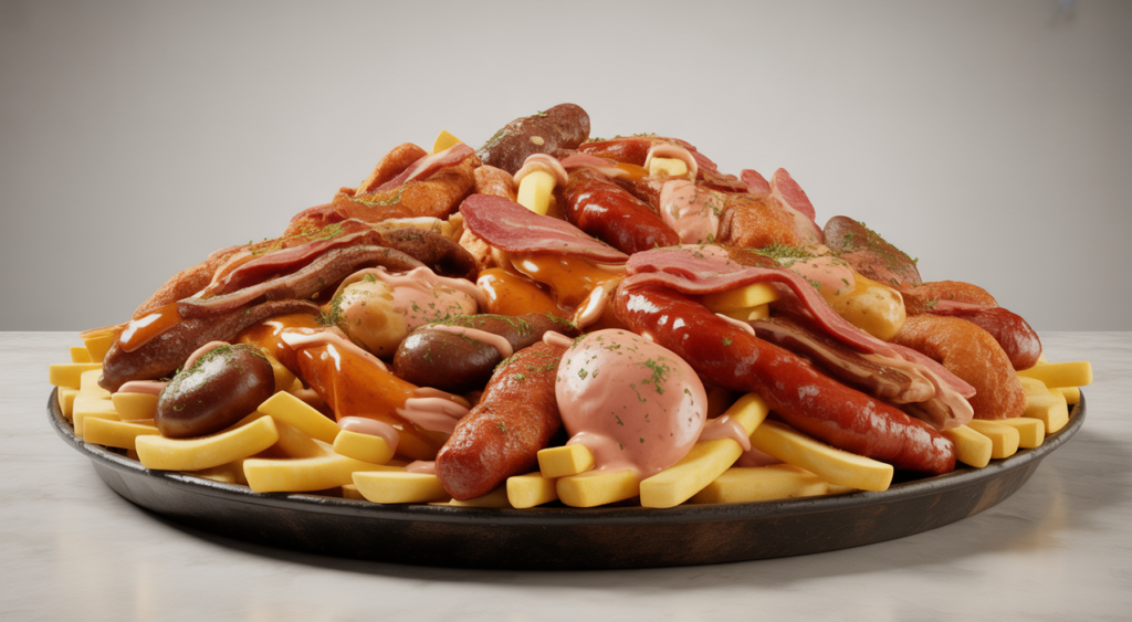 Abundant and flavorful plate of authentic Salchipapas Costeñas from Colombia, featuring fries, various meats, and special sauces.
