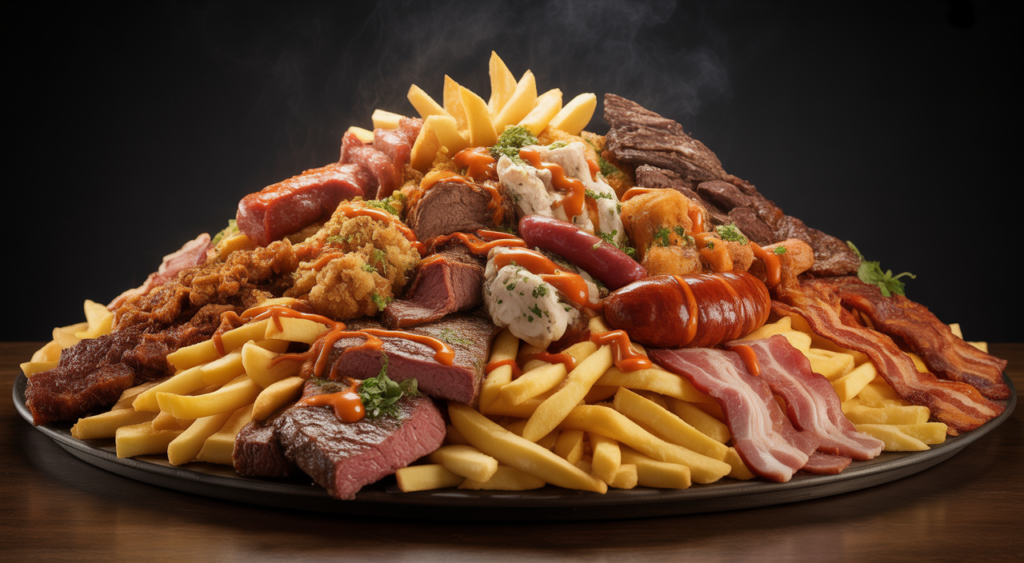 Photorealistic image of a large, abundant Colombian 'Salchipapa Costeña' with fries, butifarra, chorizo, beef, chicken, and bacon, served on a clean white background.