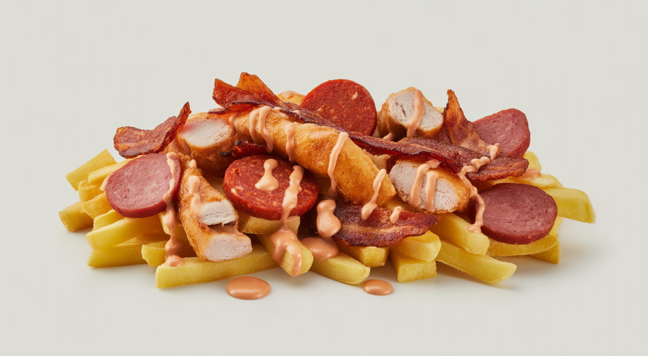 Salchipapas costeñas con butifarra, chorizo y carnes en La Marimonda del Mono