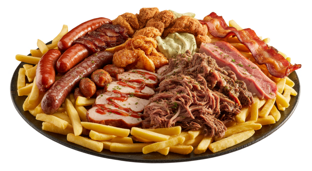 High-quality photograph of a large, delicious salchipapa dish with french fries, various meats, and sauces on a white background, ready to be eaten.
