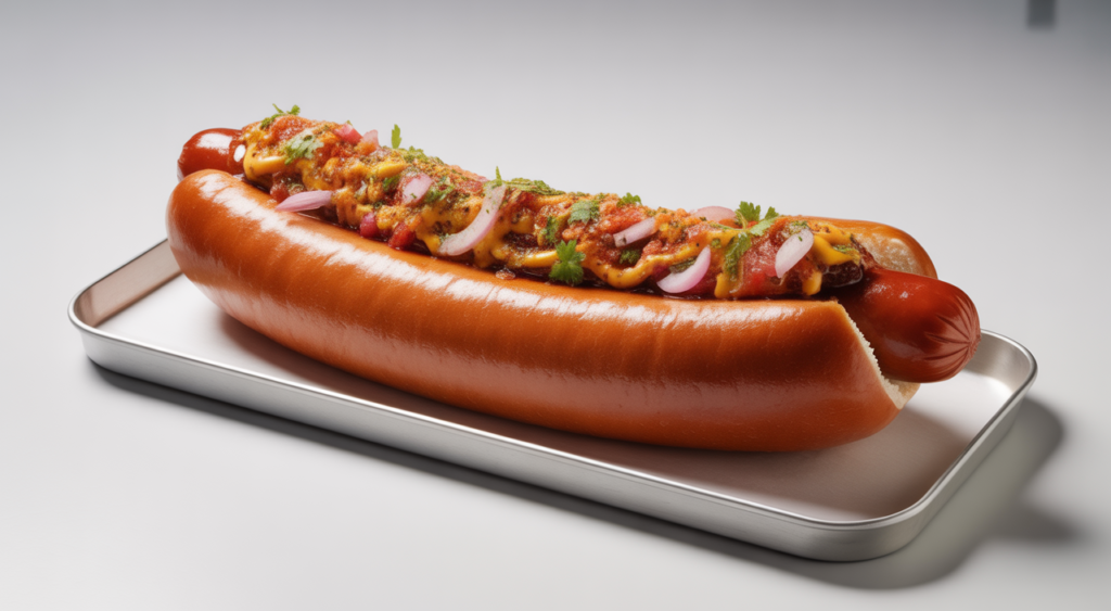 Giant 30-centimeter hot dog with fresh toppings and special sauces, representing unique Colombian Caribbean fast food in Bogotá.