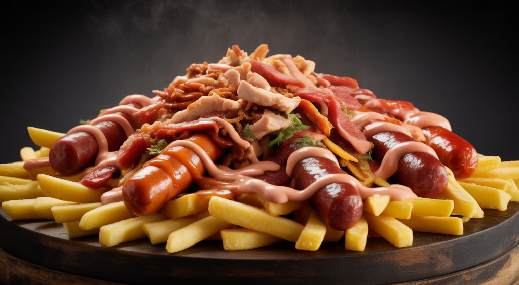 A beautifully plated, large portion of Colombian salchipapas costeñas with crispy fries, an assortment of meats, and various sauces on a clean white background.