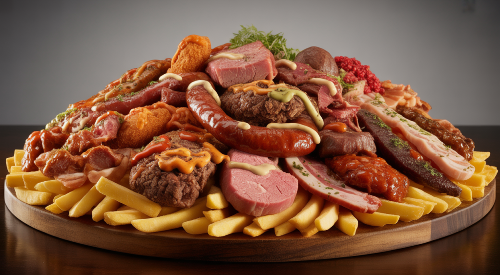 Abundant Salchipapa Costeña platter with various meats and sauces for sharing