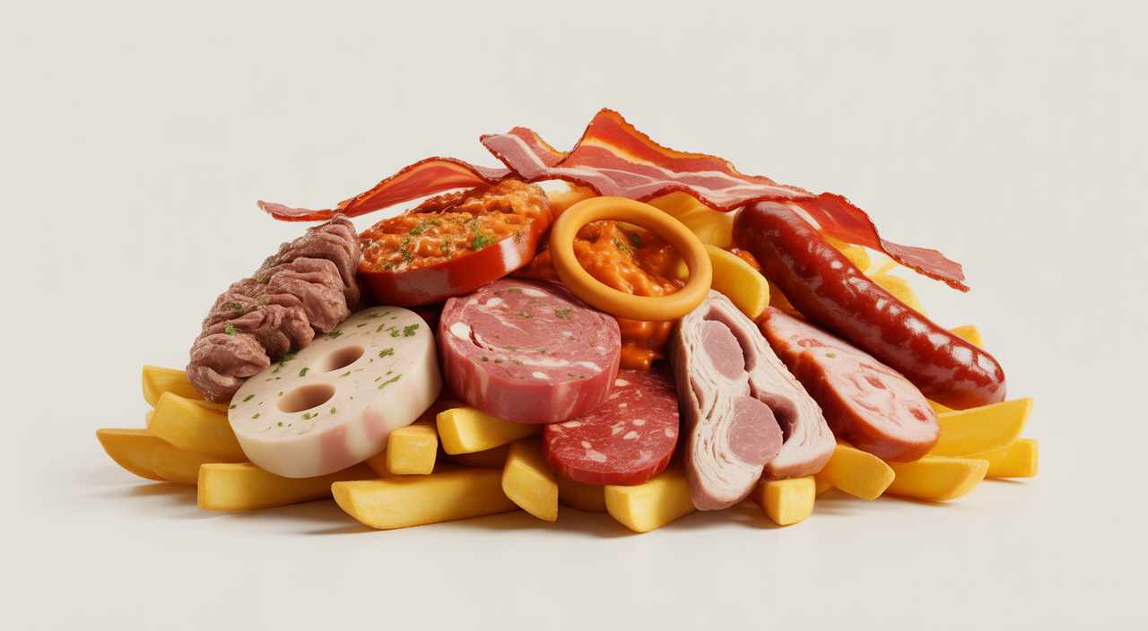 Imagen de una auténtica salchipapa costeña de La Marimonda del Mono, mostrando una variedad de carnes sobre papas fritas.