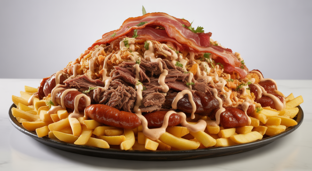 Giant Salchipapas Costeñas from La Marimonda del Mono, a popular Colombian street food dish with fries and mixed meats, served on a large platter.