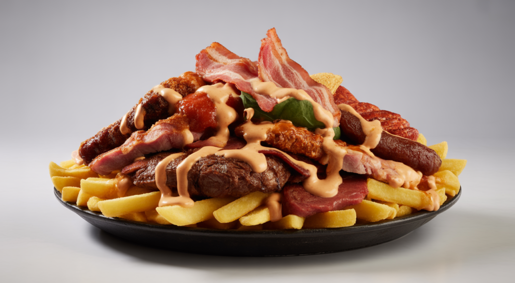 A large, professionally photographed plate of Colombian coastal salchipapas, featuring a generous mix of fries, various meats, and special sauces on a clean white background.