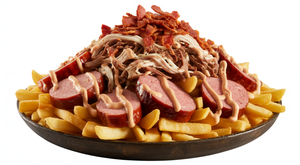 Gourmet salchipapa dish with various meats and sauces, a Colombian specialty