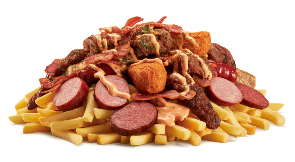 Hero shot of a large, appetizing Colombian salchipapa with various meats and sauces on a clean background.
