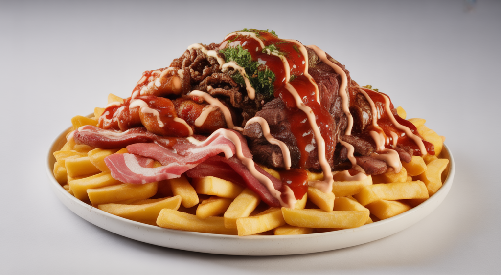 Close-up, wide-angle shot of a vibrant Salchipapa Costeña with golden fries and a variety of meats, drizzled with sauce on a clean background, no text