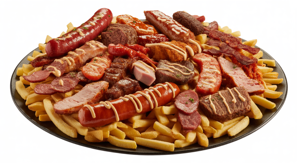 Large, photorealistic image of a plate of Salchipapas Costeñas with various meats and sauces, served on a clean white background, representing traditional Colombian Caribbean fast food.