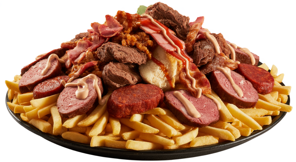 Large platter of authentic Salchipapa Costeña with fries, butifarra, chorizo, beef, chicken, and bacon.