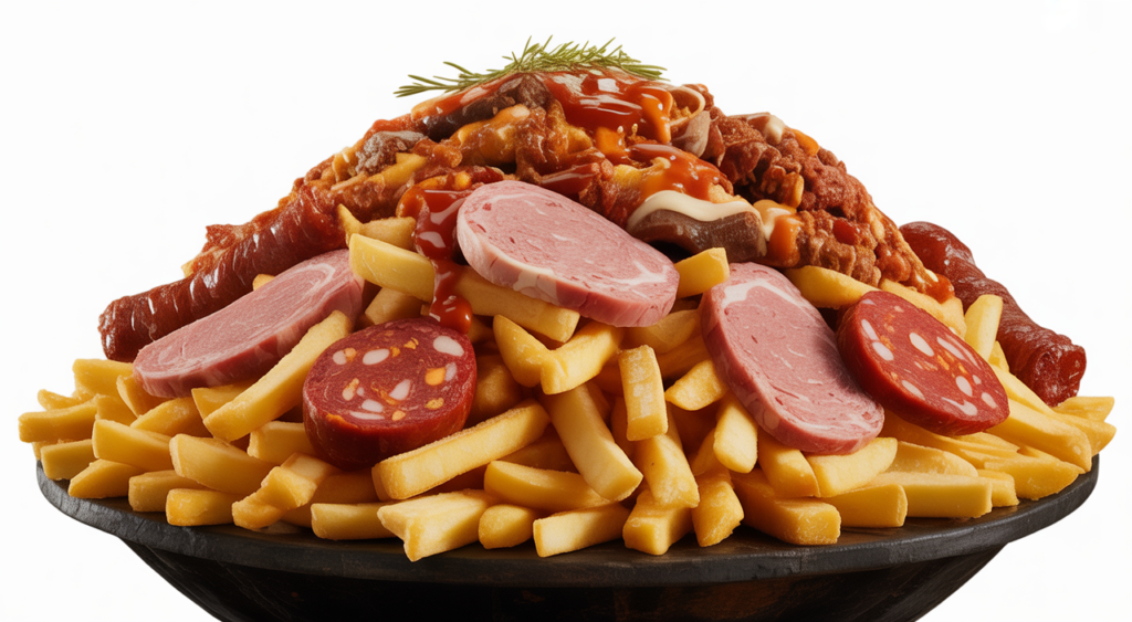 Large serving of Colombian Caribbean-style loaded fries with various meats and sauces.