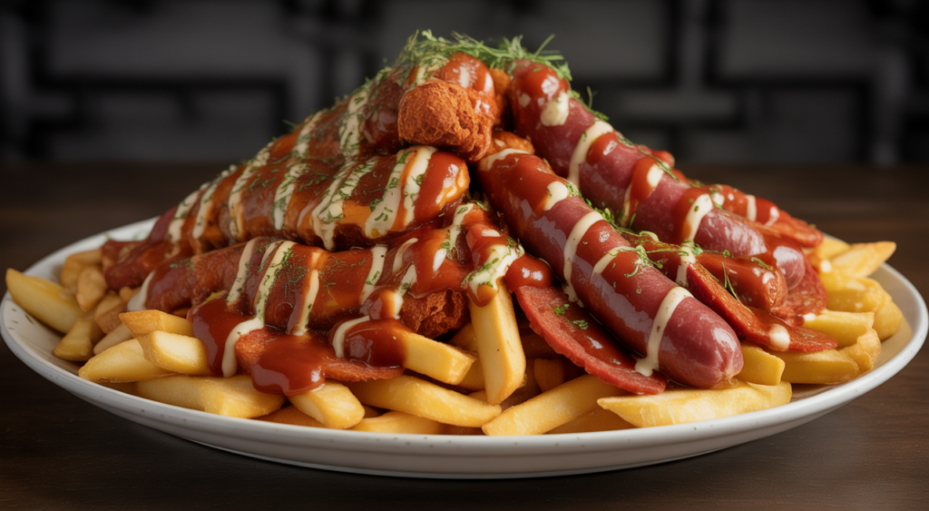 Gourmet salchipapas with butifarra and chorizo, ready to eat