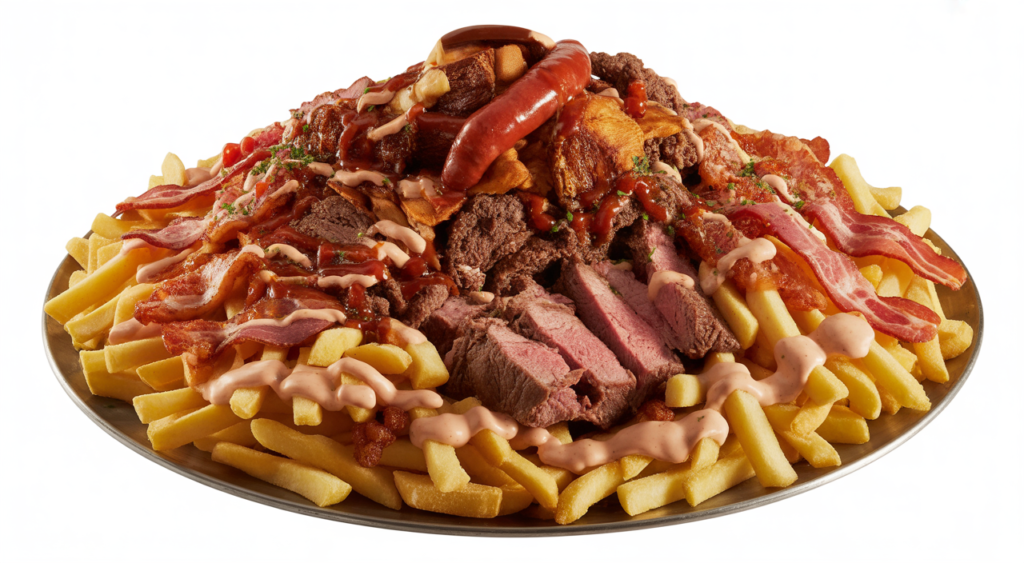 Plato grande de salchipapa costeña con butifarra, chorizo, carne, pollo y tocineta.