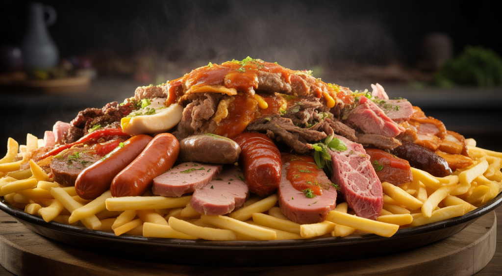 Close-up of a large, vibrant platter of Colombian coastal salchipapas with crispy fries, various meats, and colorful sauces on a white background, ready to be served.