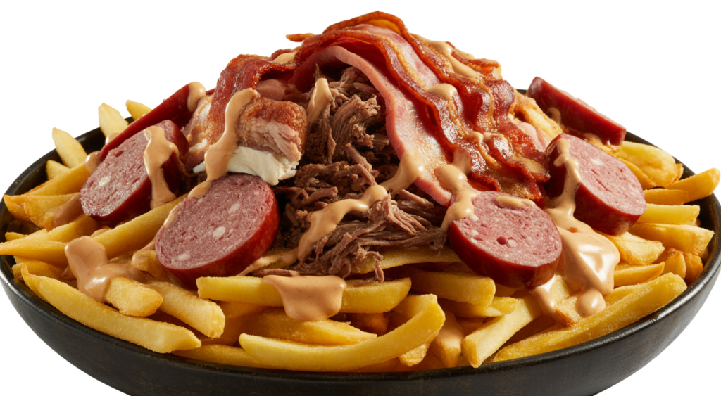 Abundant gourmet Colombian salchipapa dish with various meats and sauces on a white background