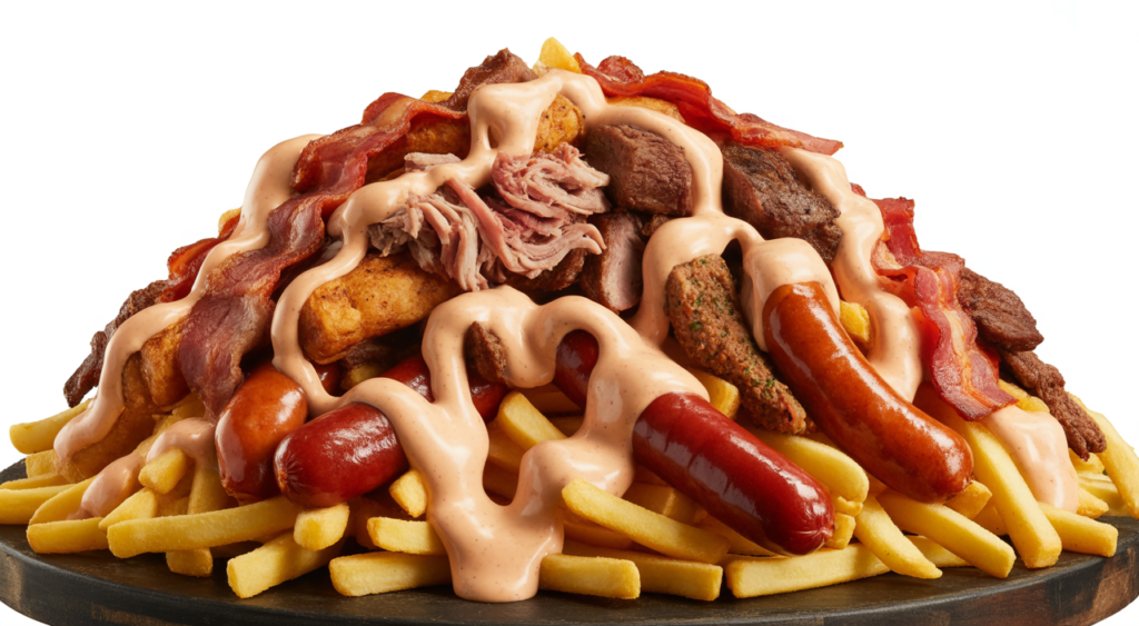 Giant Colombian salchipapa costeña with assorted meats and sauces on a white background, a hearty meal for sharing.
