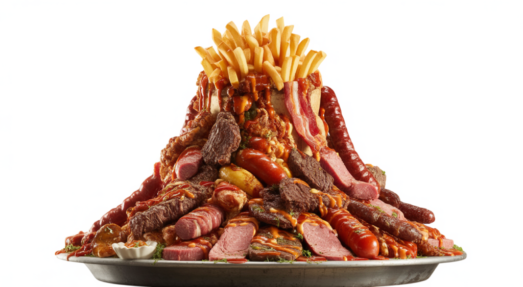 Gigantic salchipapa "El Castillo" from La Marimonda del Mono, overflowing with fries, meats, and sauces, served on a white background.