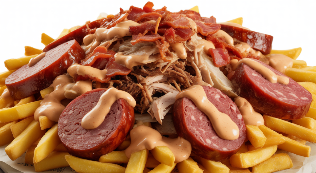 Authentic Salchipapa Costeña with butifarra, chorizo, and various meats, showcasing its generous size and rich ingredients, served on a clean white background in Bogotá.