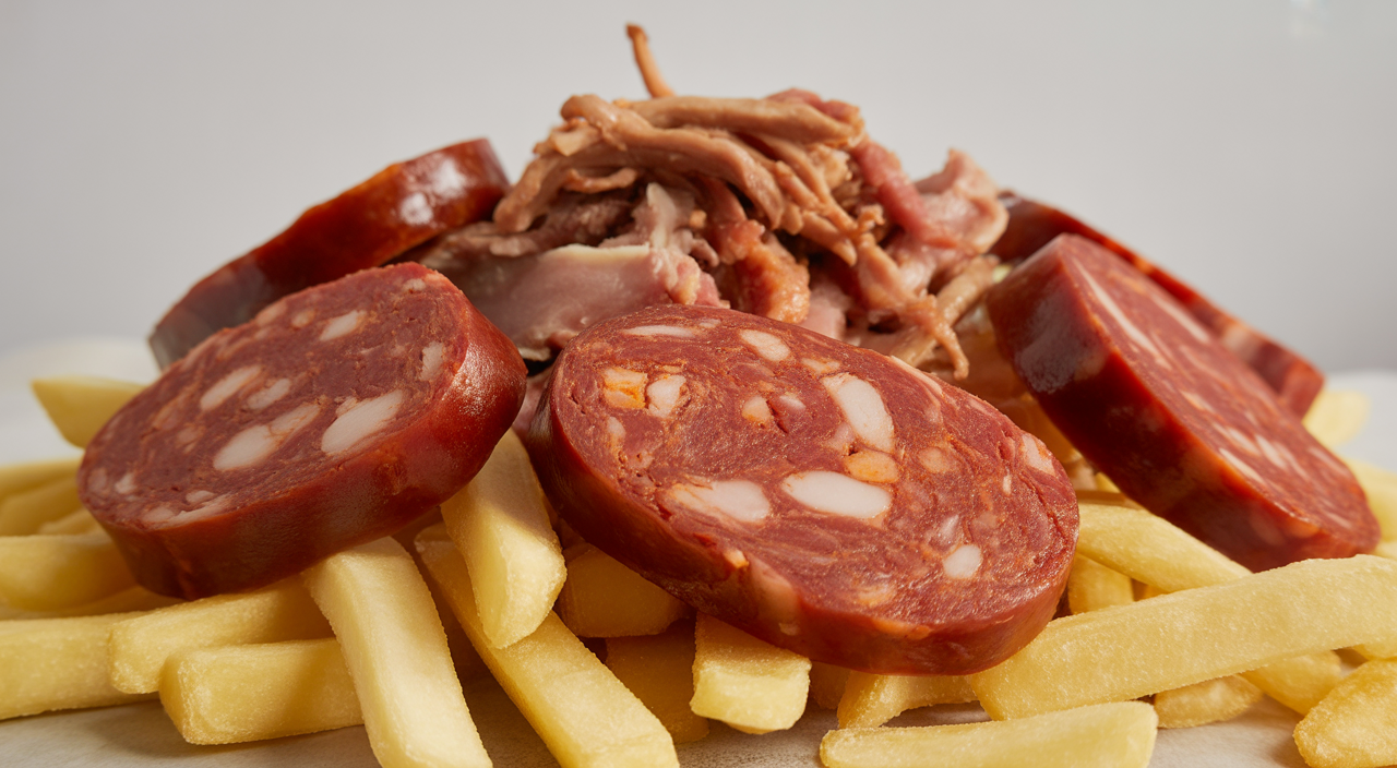 Vista apetitosa de una salchipapa costeña auténtica, con butifarra, chorizo y abundantes papas fritas, servida en La Marimonda del Mono.