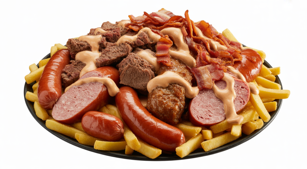 Close-up of a loaded Colombian Salchipapa with fries, various meats, and sauces on a white background