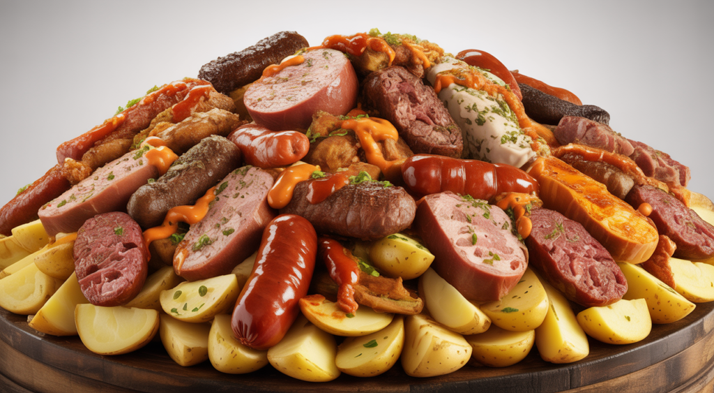 Large, gourmet Colombian salchipapa with various meats and sauces, presented on a clean white background, wide angle
