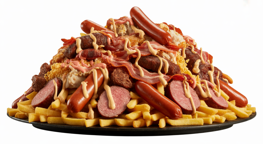 A lavish, towering plate of Salchipapas Costeñas from La Marimonda del Mono, featuring a mix of fries, butifarra, hot dogs, chicken, beef, bacon, and signature sauces, presented on a clean white background.