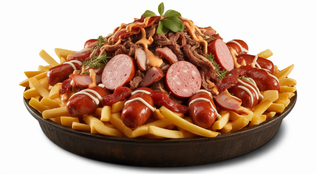 Delicious and abundant salchipapa with various meats and sauces, presented on a white background, representing La Marimonda del Mono