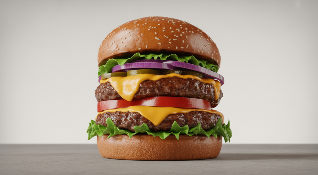 A mouth-watering, perfectly crafted gourmet burger with fresh ingredients on a clean white background, showcasing the unique offerings of La Marimonda del Mono.