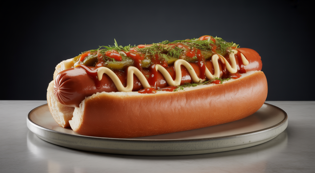 Giant 30cm hot dog with a variety of toppings, showcasing its impressive size and delicious appearance from La Marimonda del Mono in Bogotá.