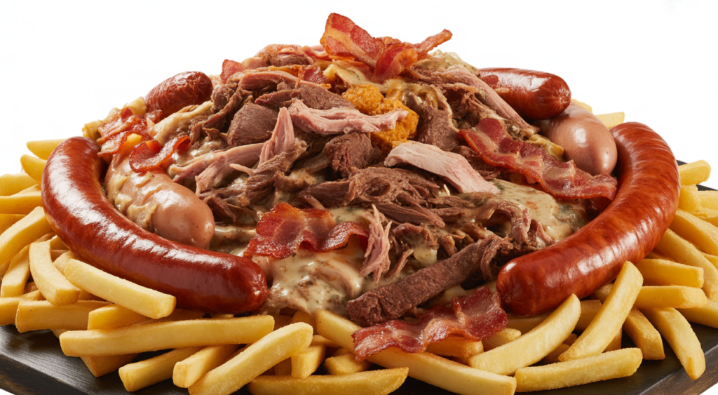 A mouth-watering, abundant Salchipapa Costeña dish with various meats and sauces, ready to be enjoyed, representing Colombian fast food culture.